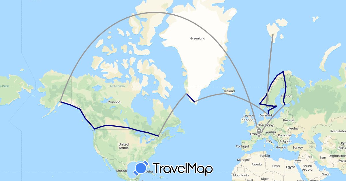 TravelMap itinerary: driving, plane in Canada, Denmark, Finland, Faroe Islands, France, Greenland, Iceland, Norway, Sweden, United States (Europe, North America)