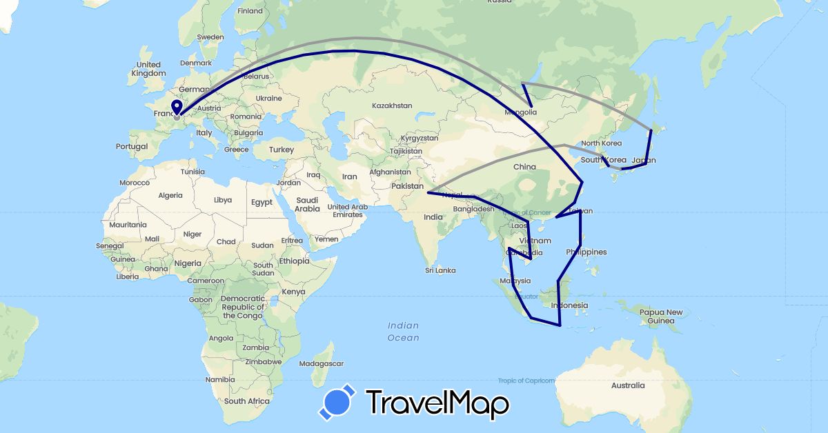 TravelMap itinerary: driving, plane in Brunei, Bhutan, China, France, Indonesia, India, Japan, Cambodia, South Korea, Mongolia, Malaysia, Nepal, Philippines, Russia, Thailand, Taiwan, Vietnam (Asia, Europe)