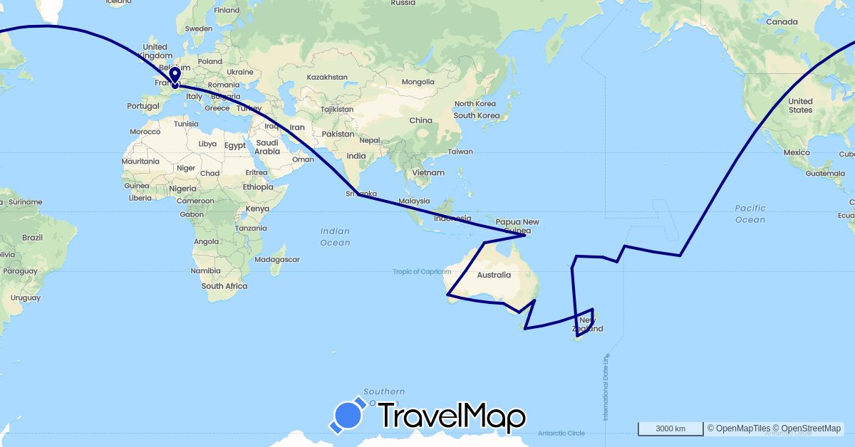 TravelMap itinerary: driving in Australia, Fiji, France, Sri Lanka, New Zealand, Papua New Guinea, Tonga, Vanuatu, Samoa (Asia, Europe, Oceania)